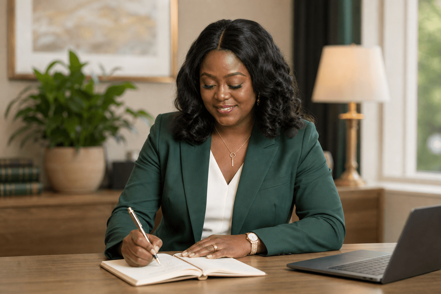 Gloria Abolaji writing in a notebook at her office desk